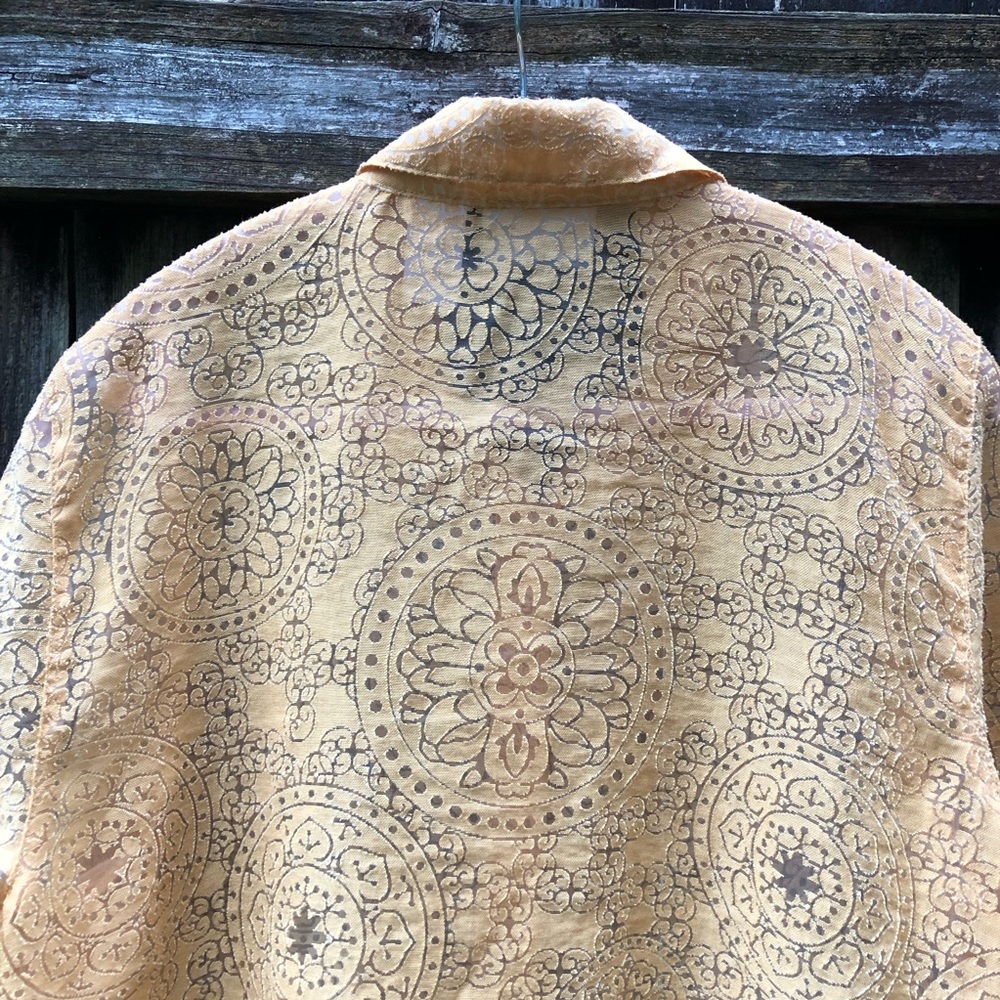 Vintage Sheer Burnout Button Down Top Goldenrod 3/4 Sleeve Moroccan Design - Picture 9 of 12